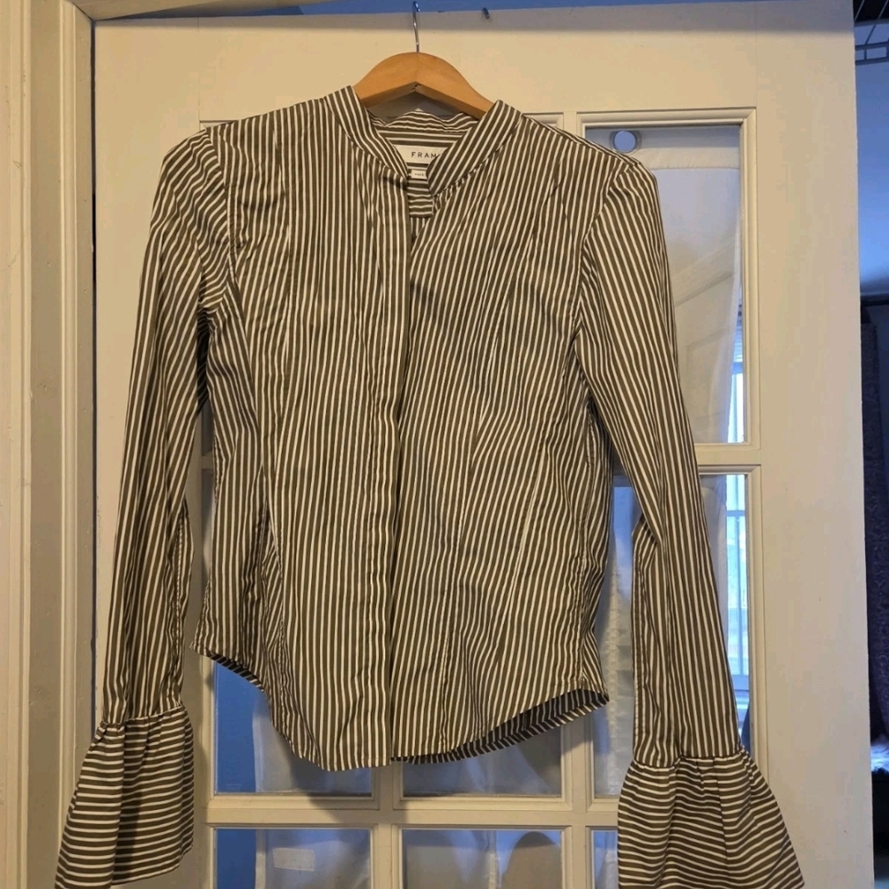 Frame Dark Green and White Striped Button Down Shirt M